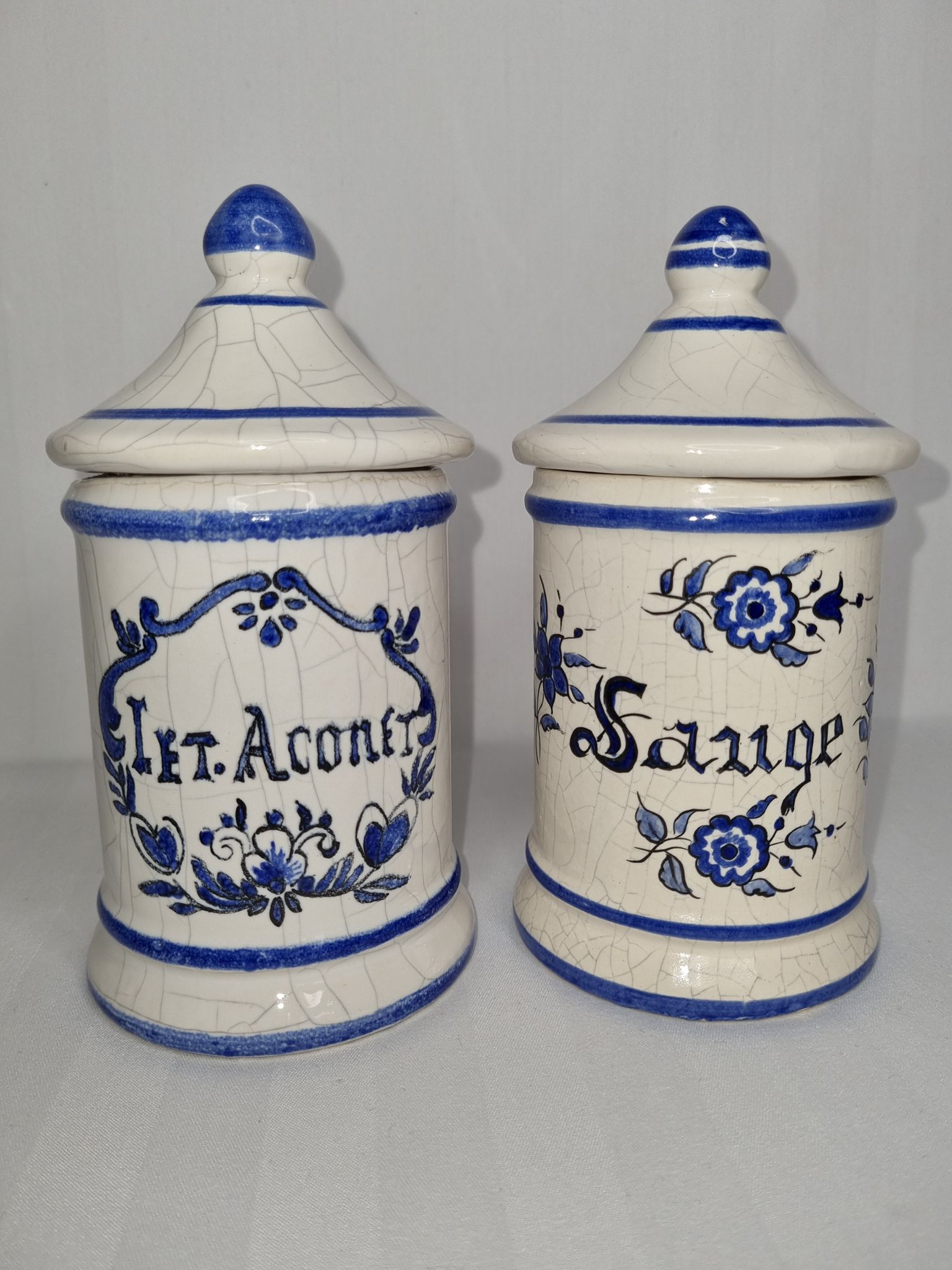 Pair of antique apothecary pots in glazed ceramic, Tuilerie Normande de Bavent