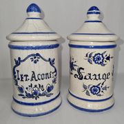 Pair of antique apothecary pots in glazed ceramic, Tuilerie Normande de Bavent