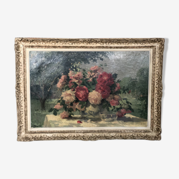 Oil on canvas "Bouquet of roses" by Maurice Décamps