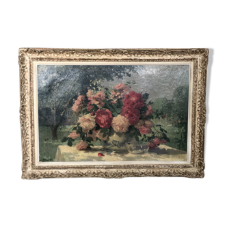 Oil on canvas "Bouquet of roses" by Maurice Décamps