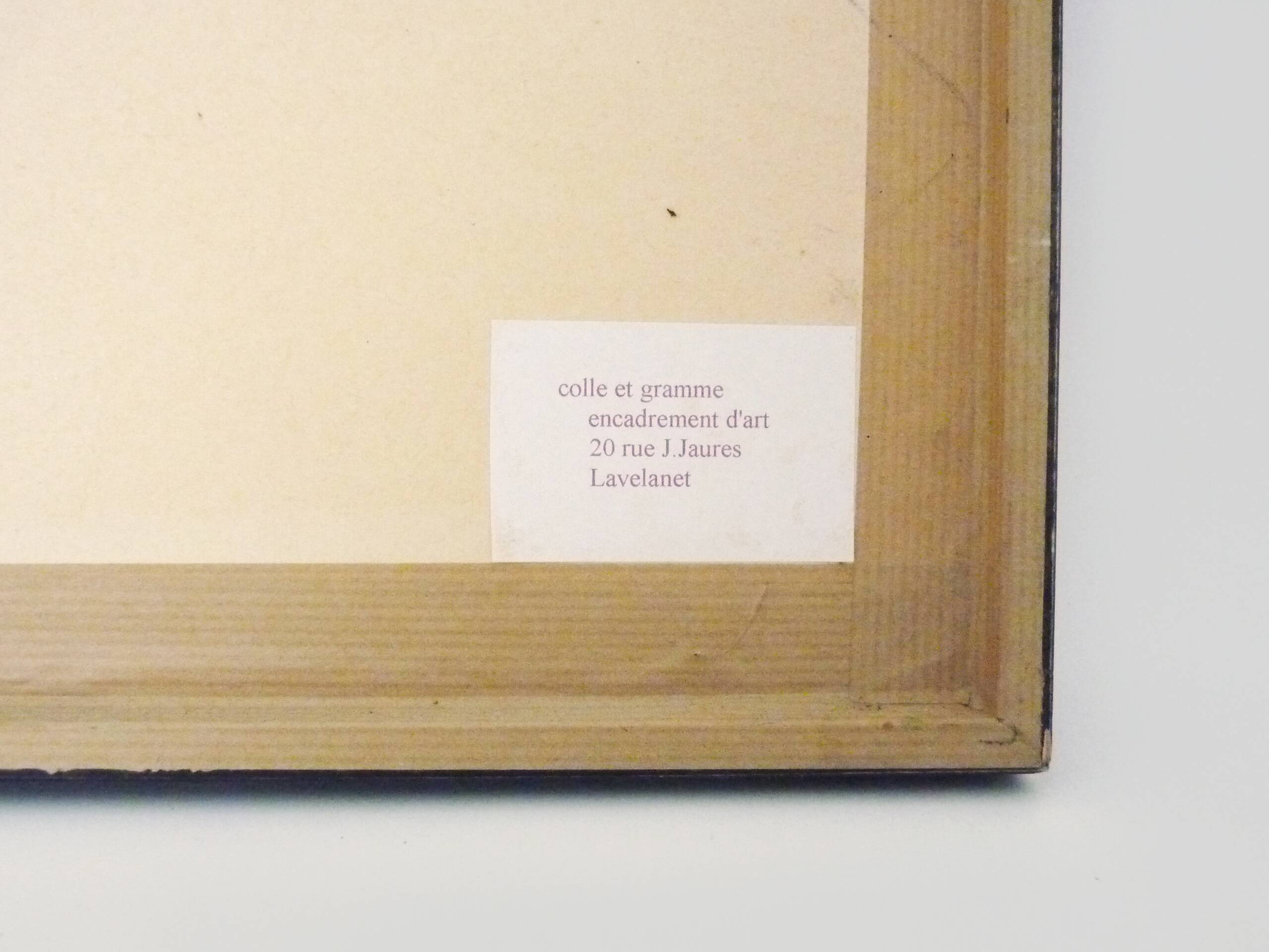 Framed painting with gray flower decor.