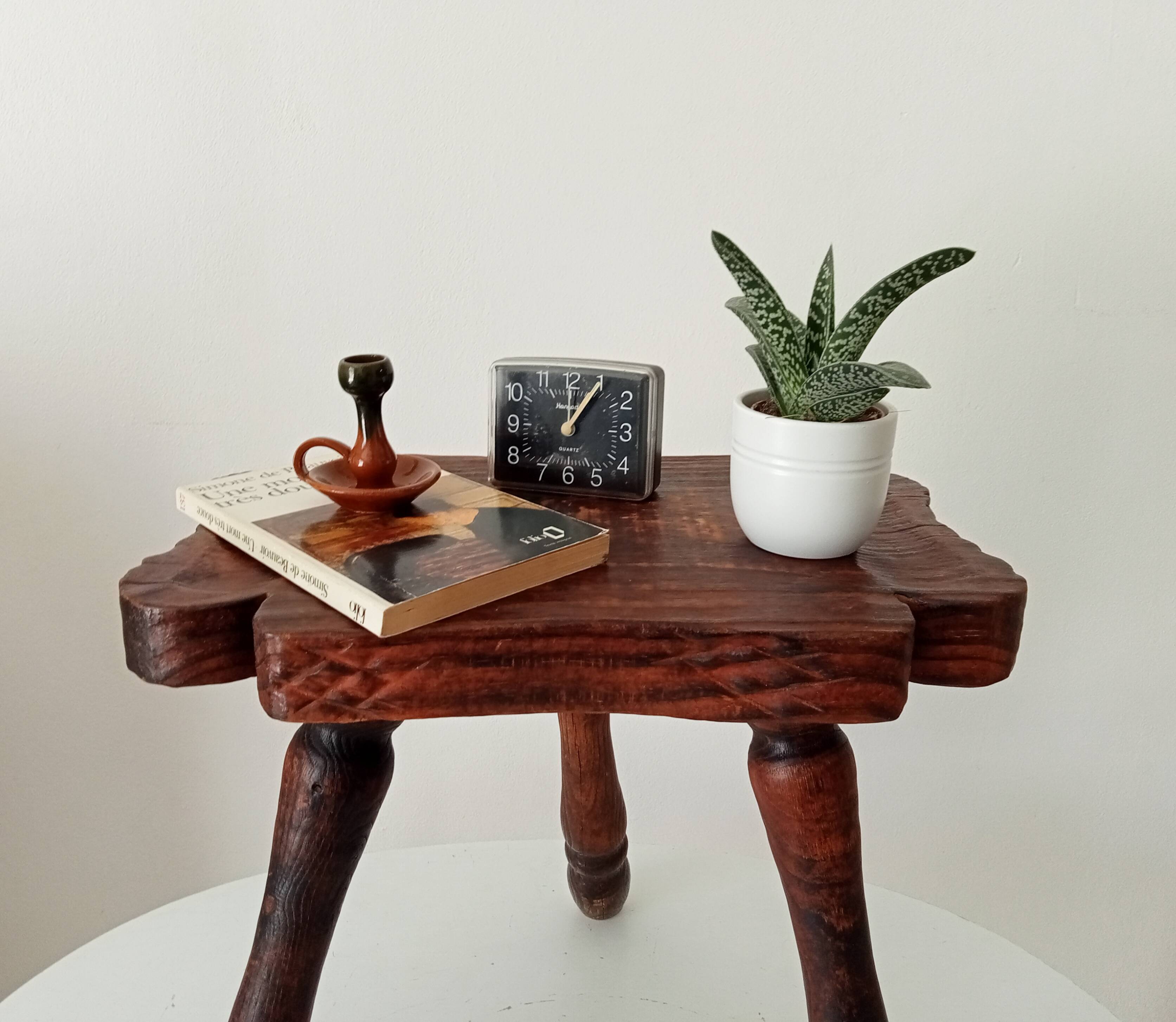 Brutalist Spanish tripod stool in solid carved wood.