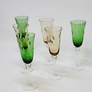 6 Champagne Flutes in Twisted Blown Glass 2 Colors Green and Amber