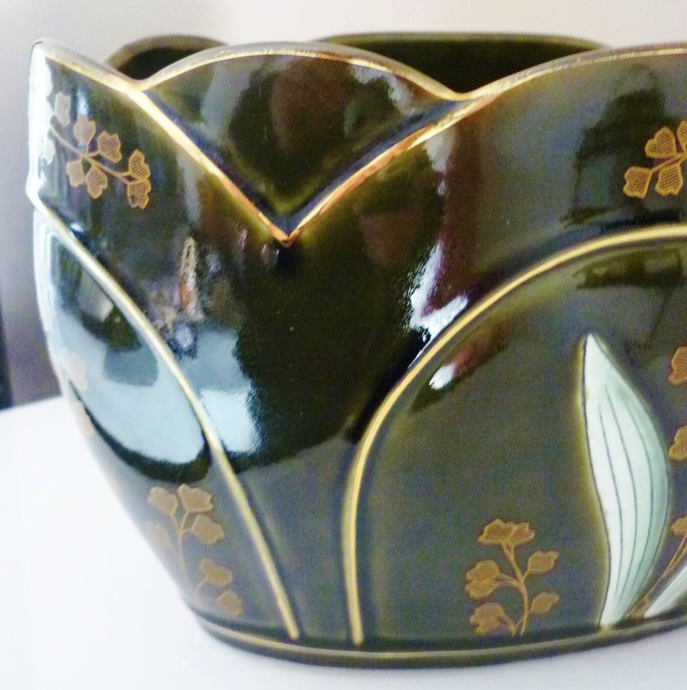 Planter, art nouveau, iris, enameled ceramic, signed Gustave De Bruyn, Fives-Lille