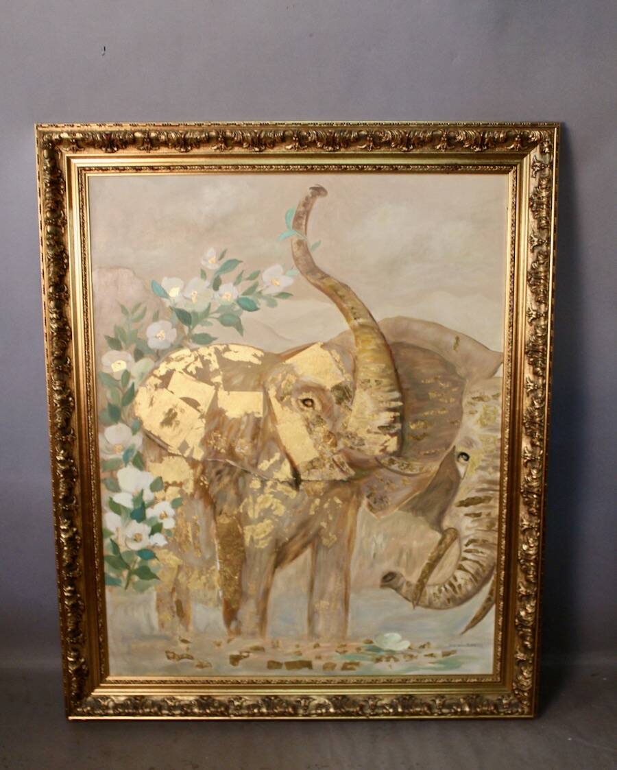 Painting Oil on canvas and gold leaf "Two elephants"