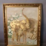 Painting Oil on canvas and gold leaf "Two elephants"