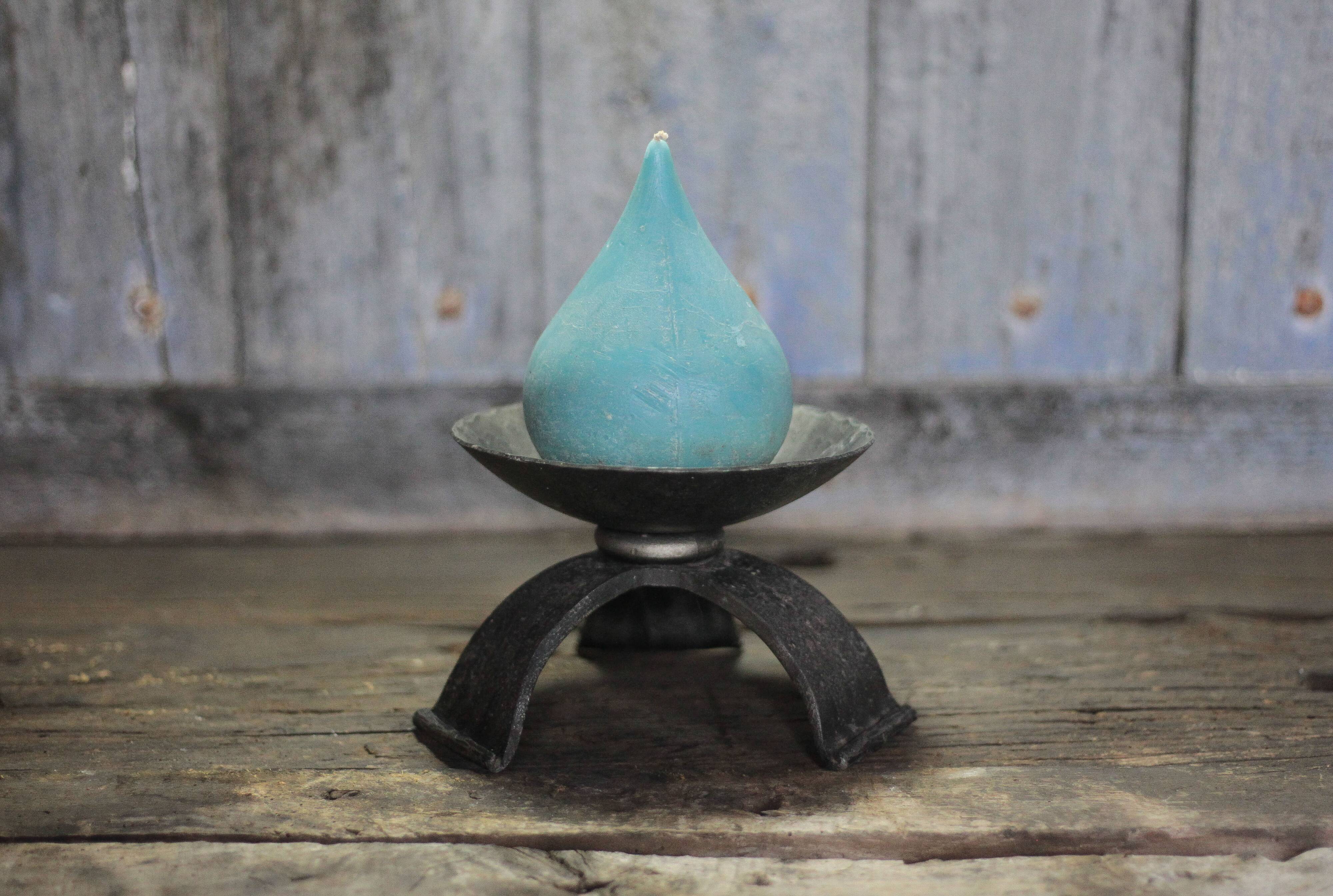 Large hammered wrought iron candlestick tripod, modernist candle holder.