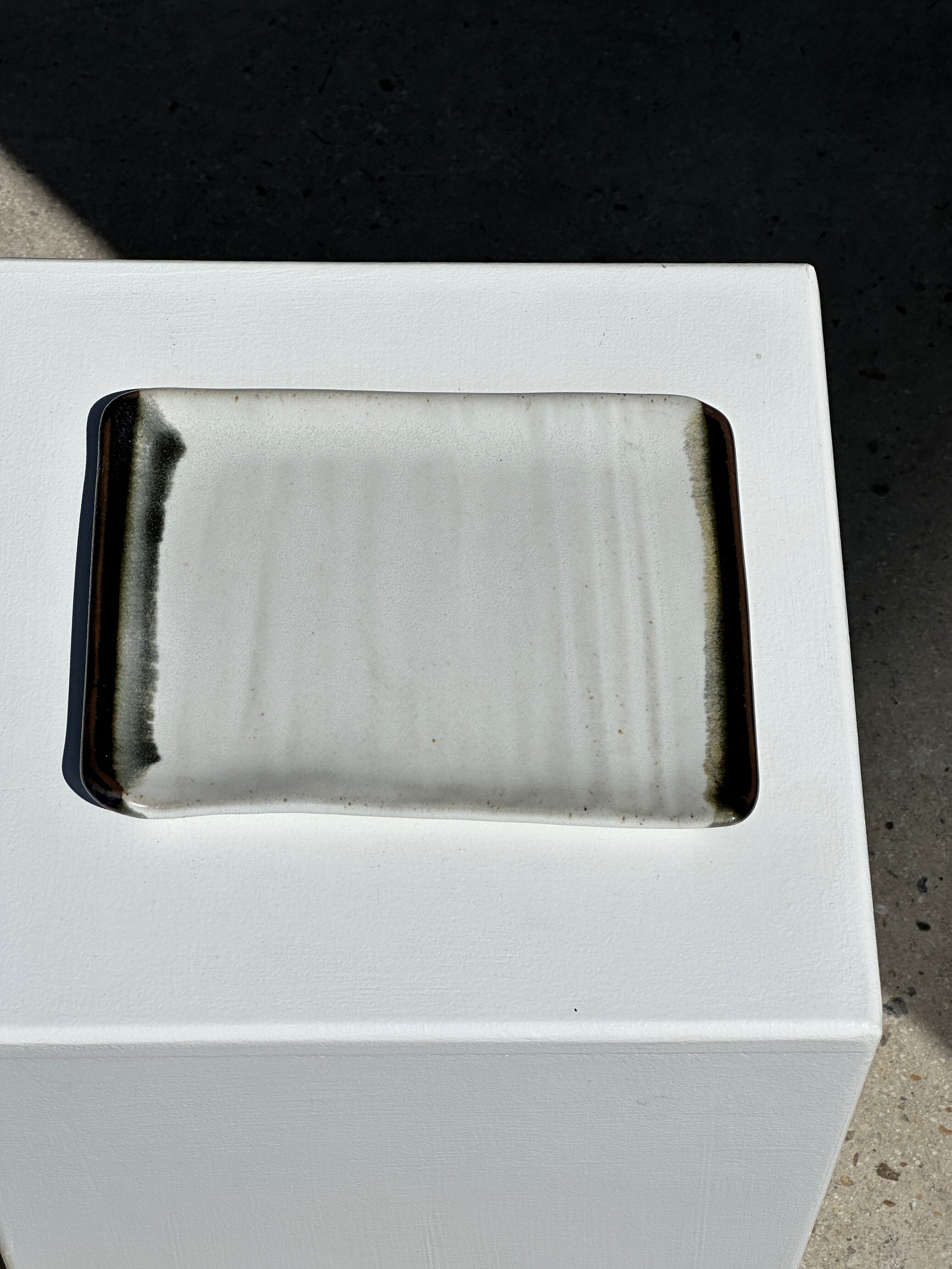 Trio of small rectangular serving dishes white and black Indonesian ceramic 21x16