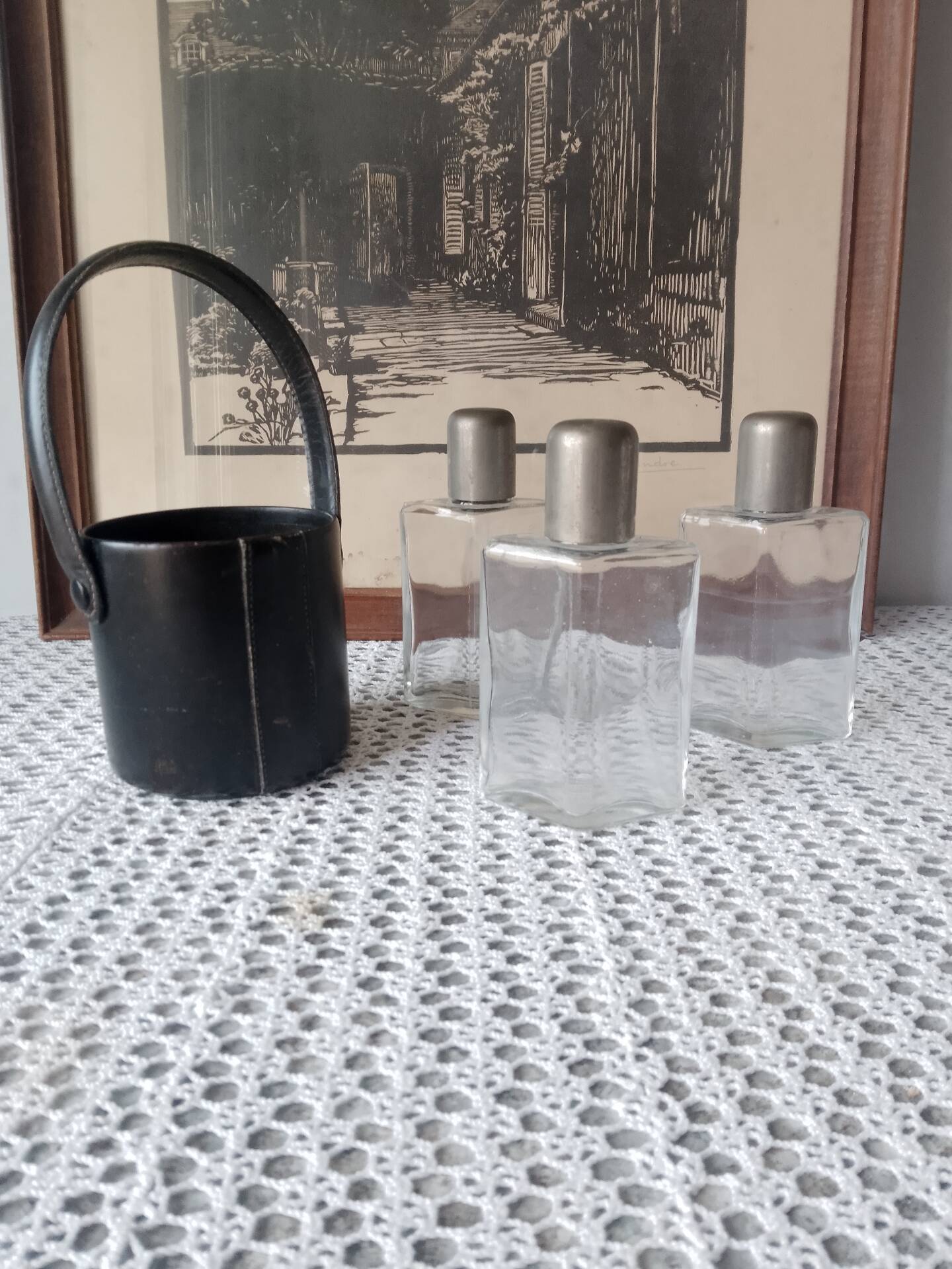 Liquor cabinet / set of 3 vintage travel flasks by Le Tanneur