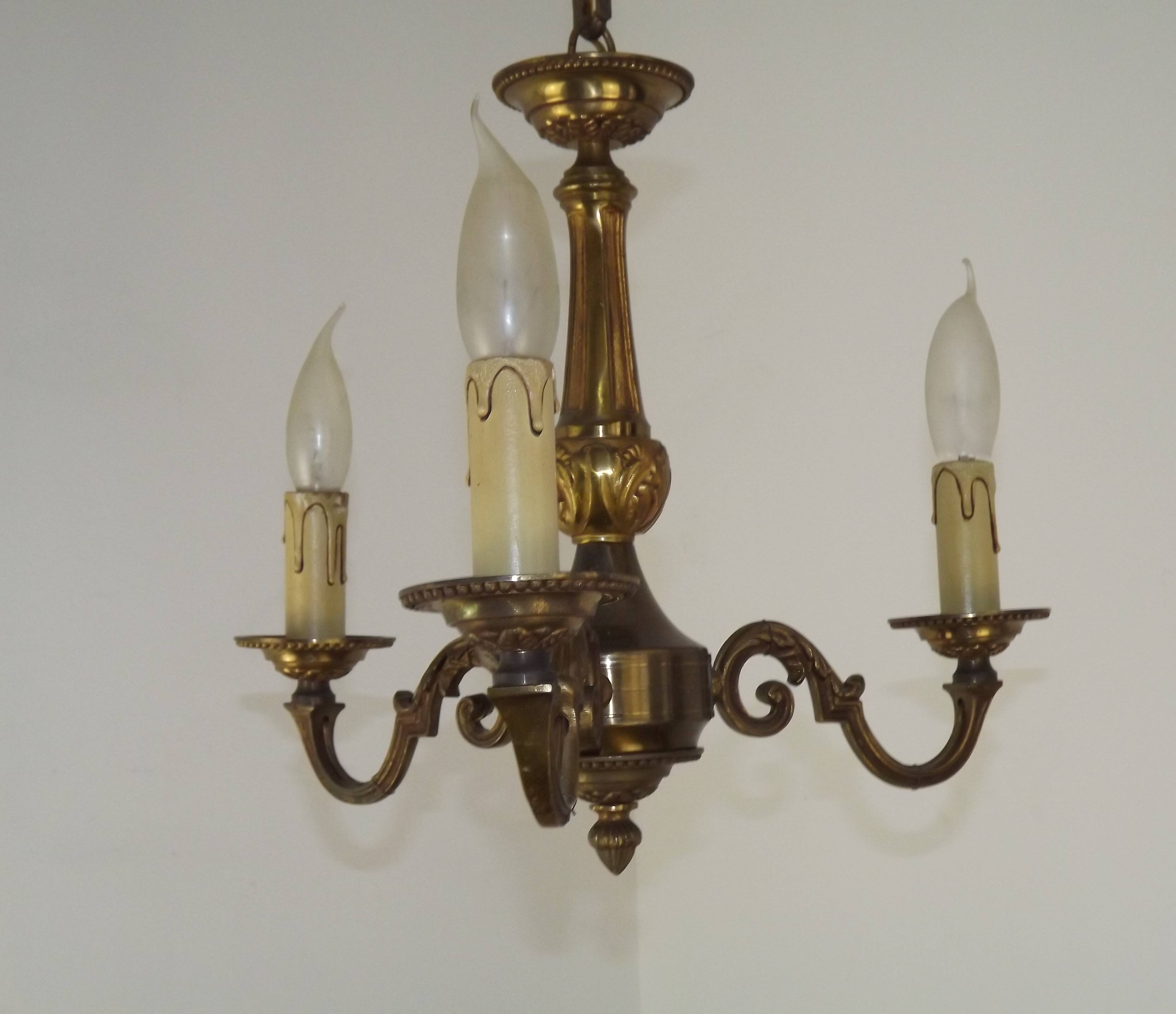 Art Nouveau bronze chandelier with 3 lights, France