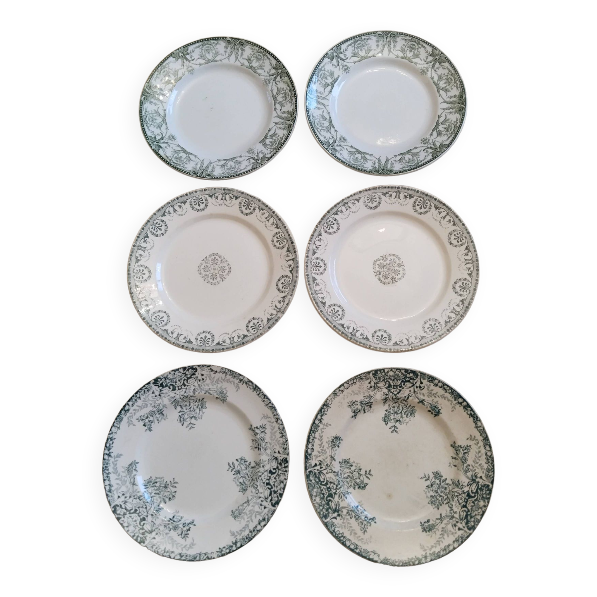 Set of 6 dinner plates in Terre de fer earthenware, blue green color