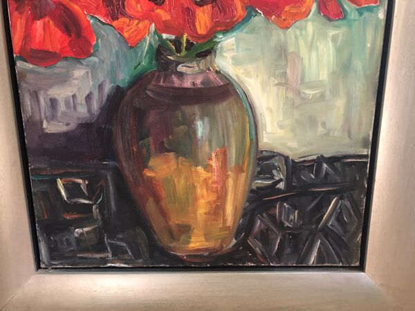 Ancien tableau huile sur toile bouquet de fleurs + cadre bois gris vintage