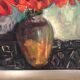 Old oil painting on canvas bouquet of flowers + vintage gray wood frame