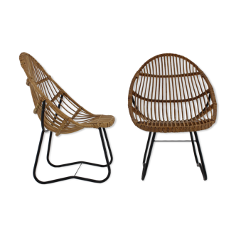1960s Pair of Alan Fuchs Rattan Lounge Chairs by ULUV, Czechoslovakia