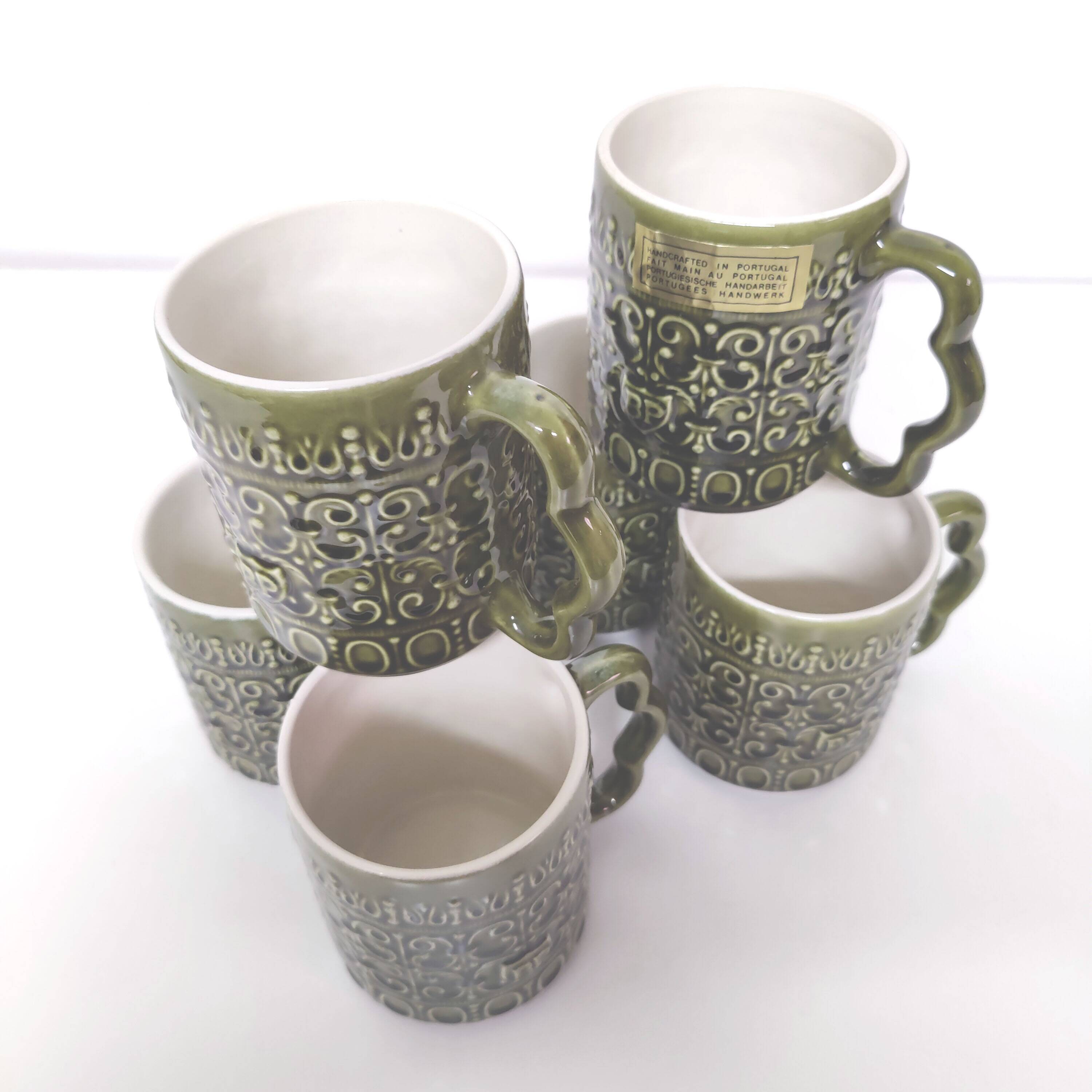 Set of 6 BP mugs in green slip vintage Portuguese ceramic 70s