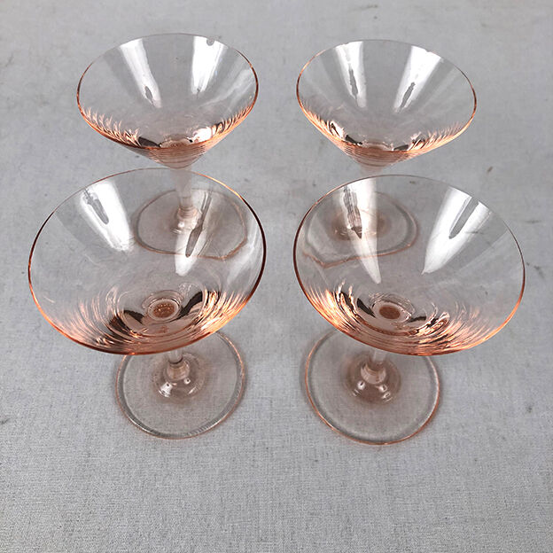 Pink glass liquor service, engraved decanter