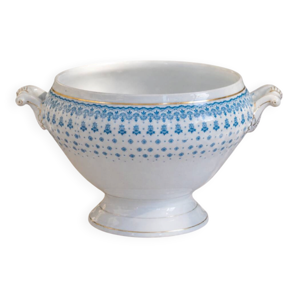 Grand saladier de 1909 en porcelaine Oscar Shaller bleu et or