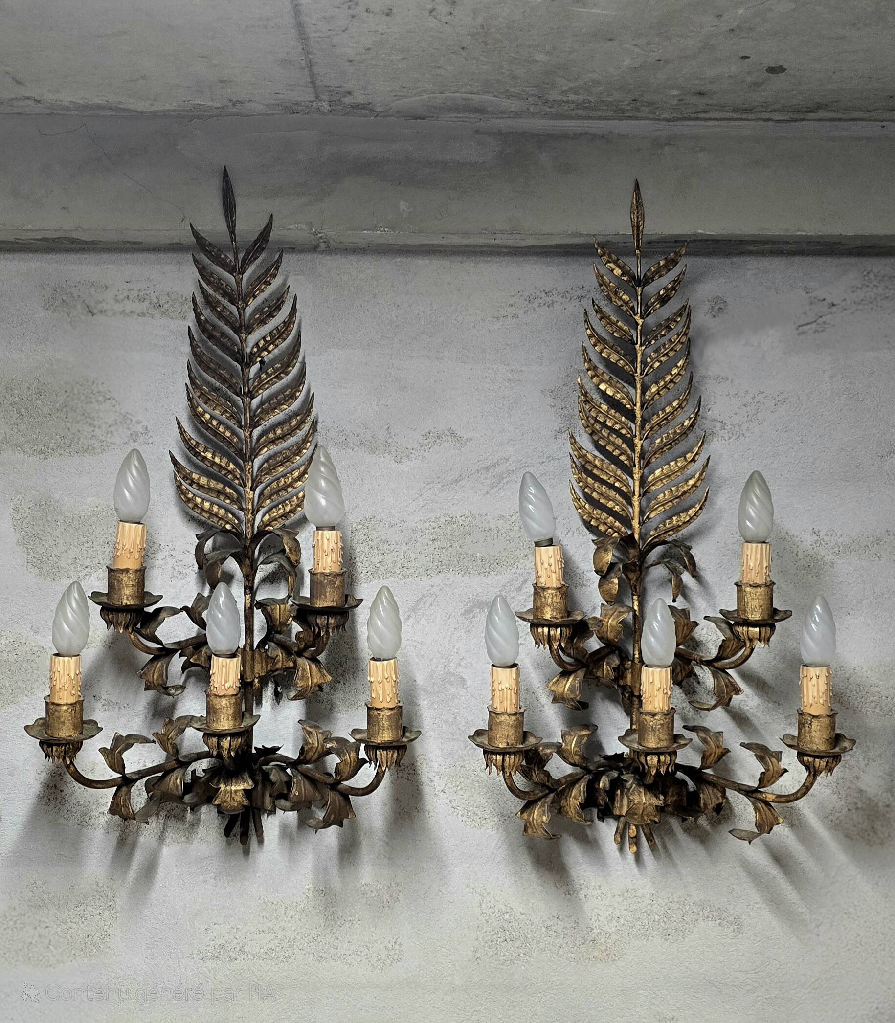 Pair of large golden wall lights, 1950s