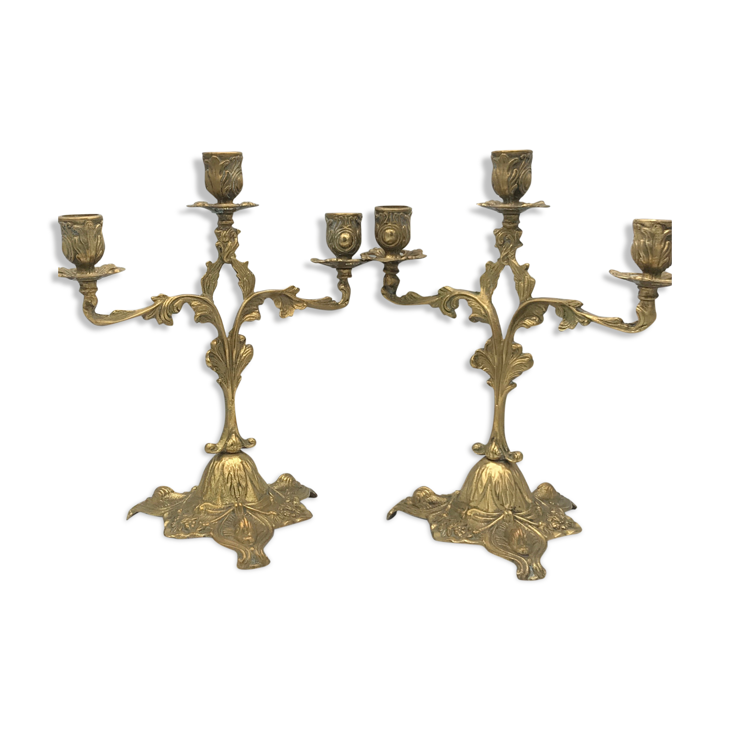 Pair of old candlesticks in bronze 3 lights rocaille style 28,5 cm