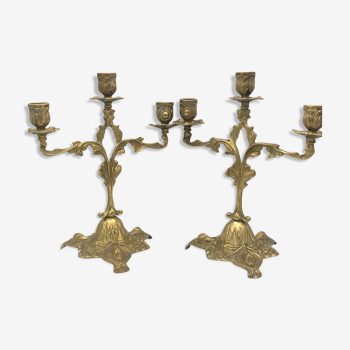 Paire de chandeliers ancien en bronze 3 feux style rocaille 28,5 cm