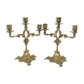 Pair of old candlesticks in bronze 3 lights rocaille style 28,5 cm