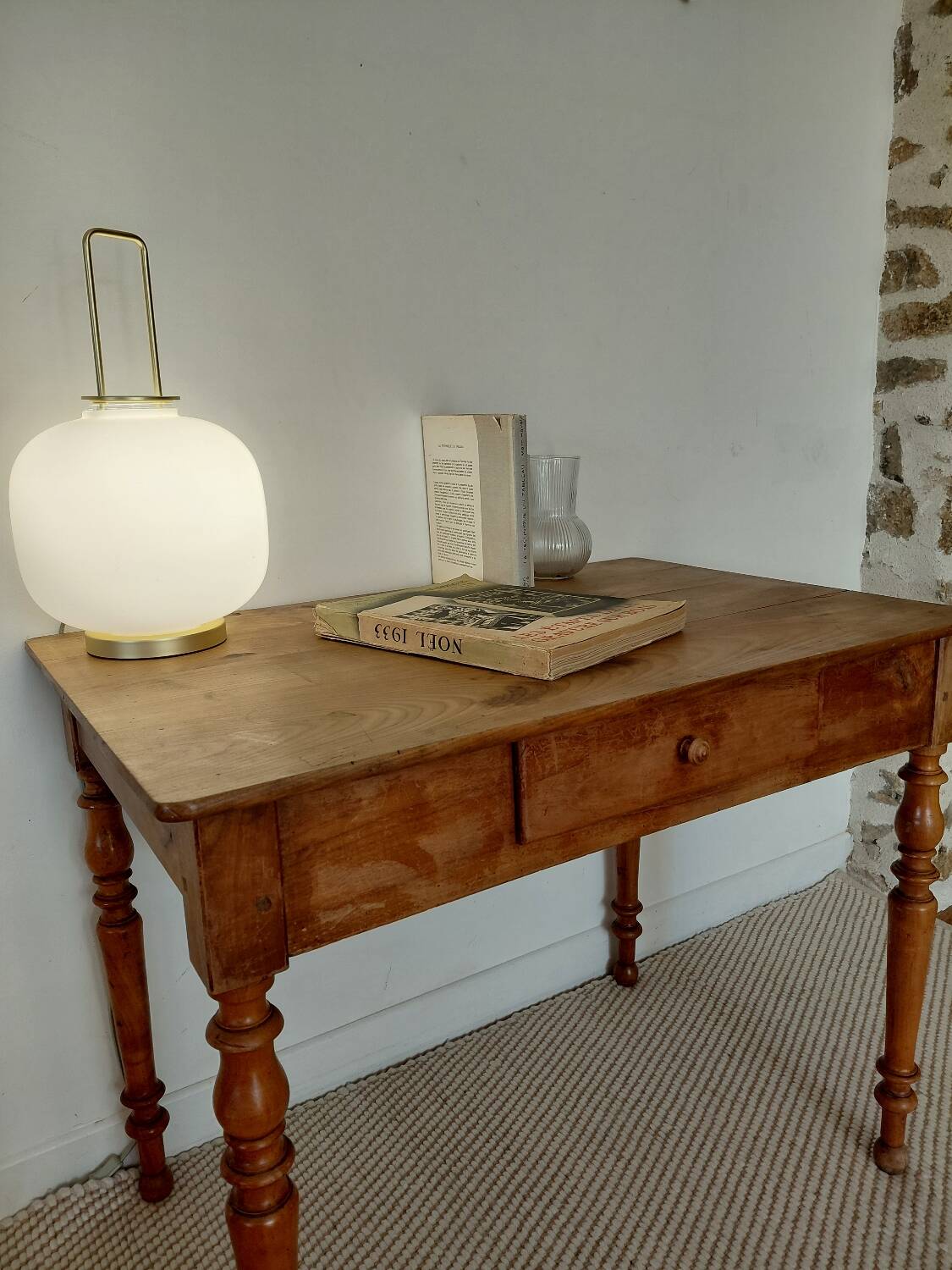 Old solid wood console - turned legs - drawer in chic country style