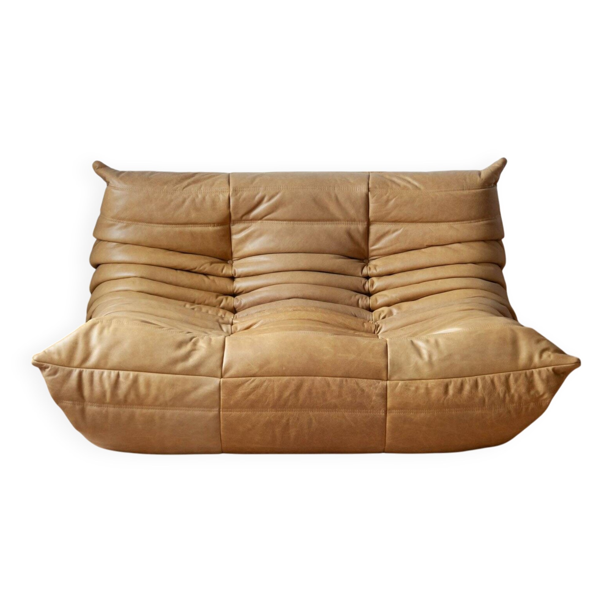 Camel brown leather Togo 2-seater sofa attributed to Michel Ducaroy for Ligne Roset