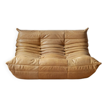 Camel brown leather Togo 2-seater sofa attributed to Michel Ducaroy for Ligne Roset