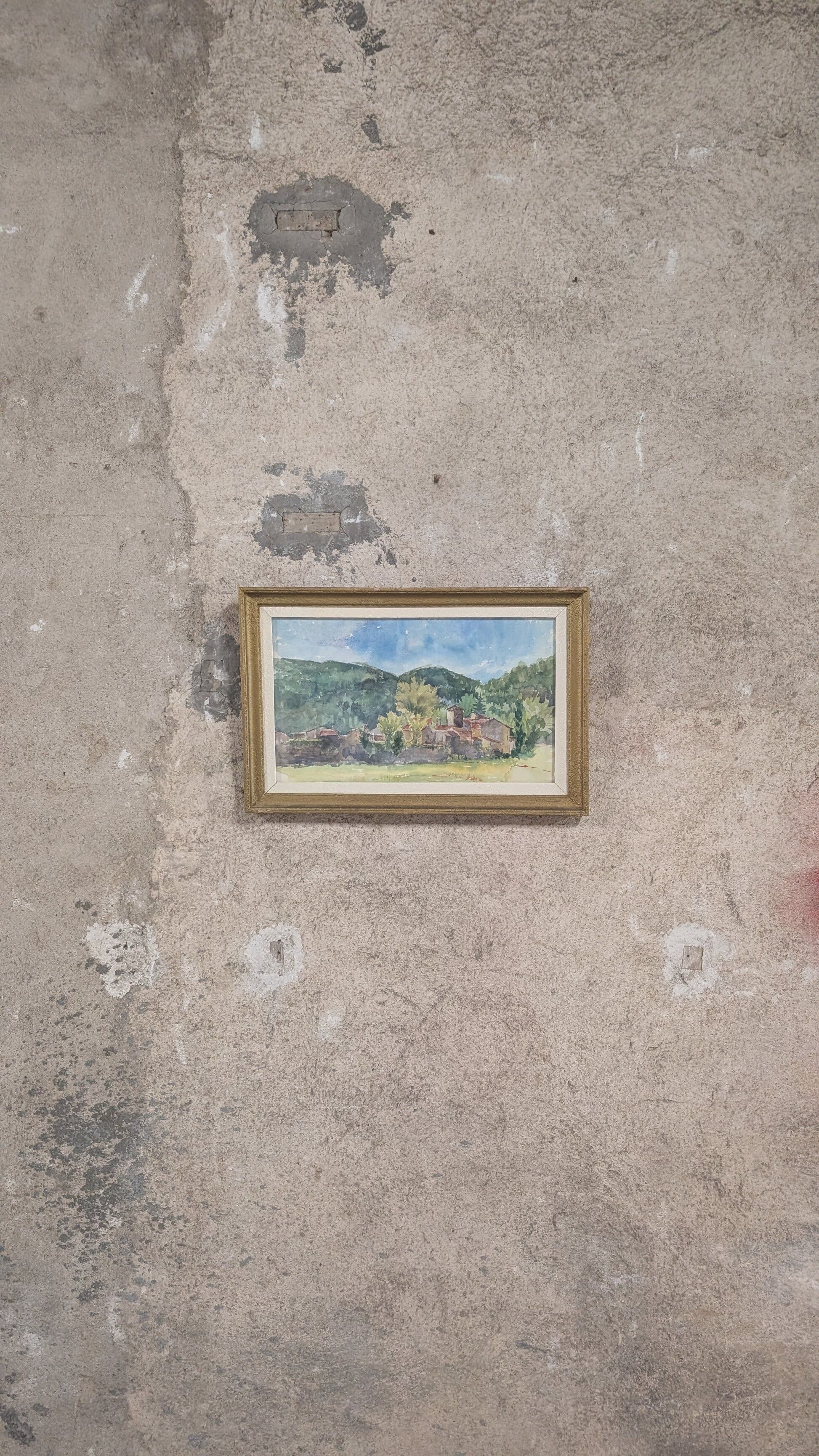 Vintage watercolor – Village at the foot of the hills