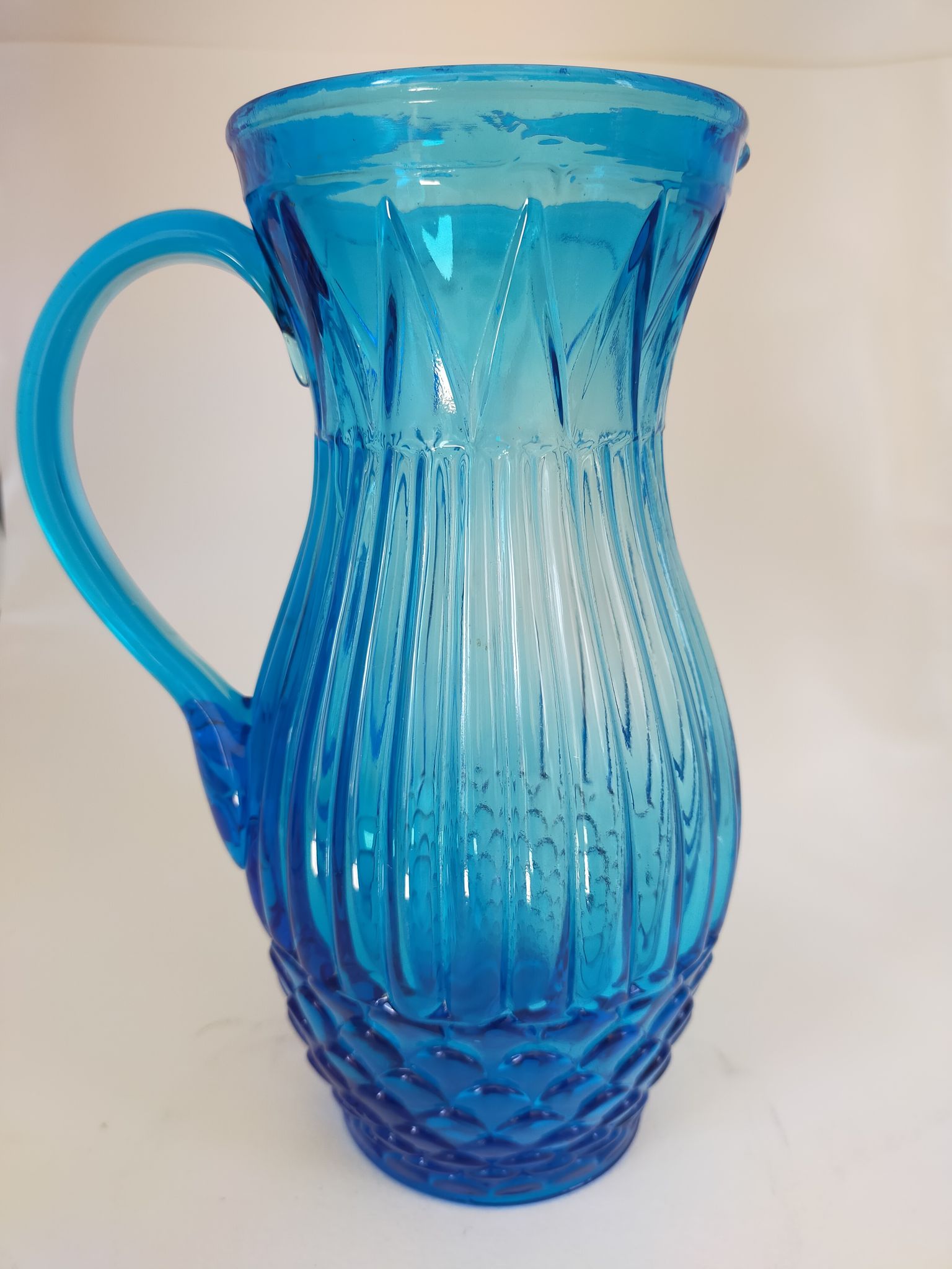 Vintage Art Deco blue molded glass orangeade set, pitcher and 6 glasses