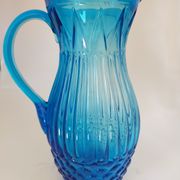 Vintage Art Deco blue molded glass orangeade set, pitcher and 6 glasses
