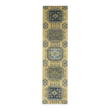 1970s Vintage Turkish Hand-Knotted Wool Cotton Yellow Runner Rug 75x300