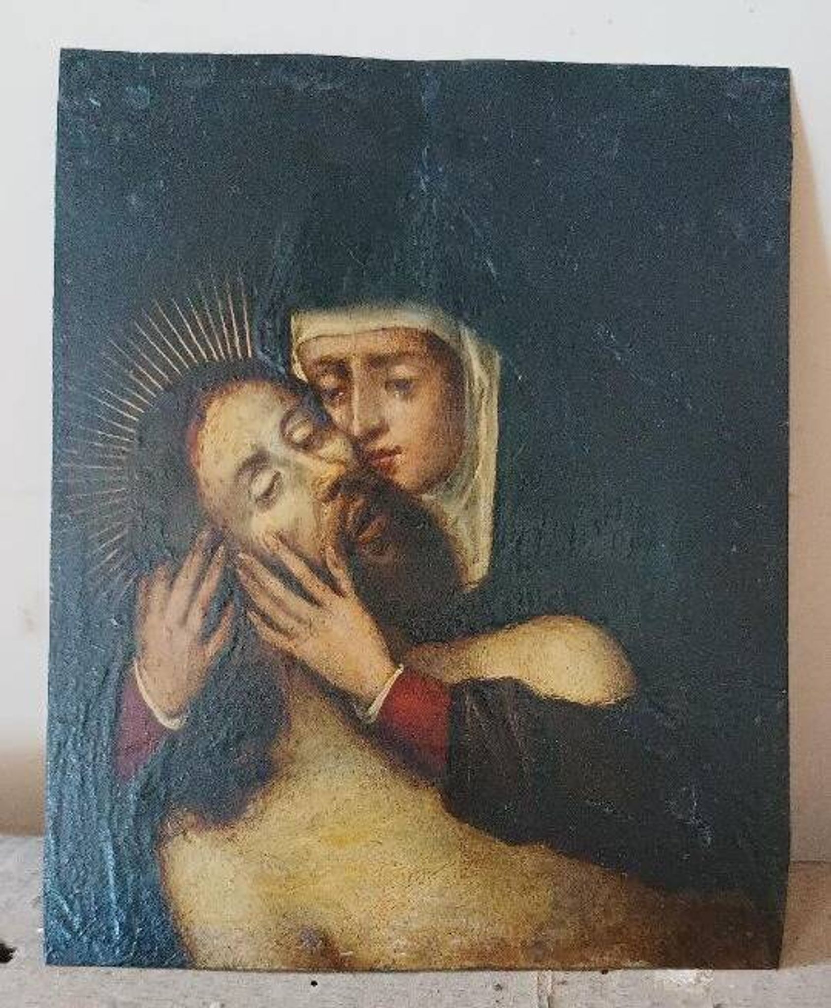 Peinture sur cuivre ancienne du XVIIe siècle - Marie avec le Christ -