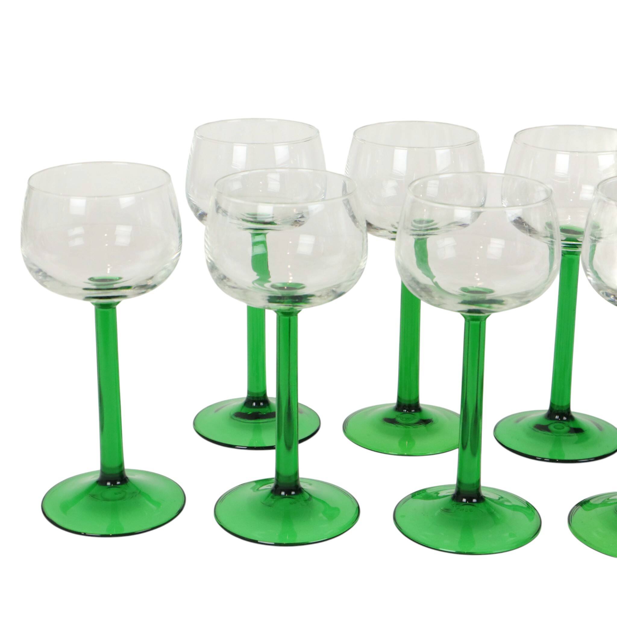 Set of 10 Vintage Luminarc Alsace Wine Glasses Thick Green Stems
