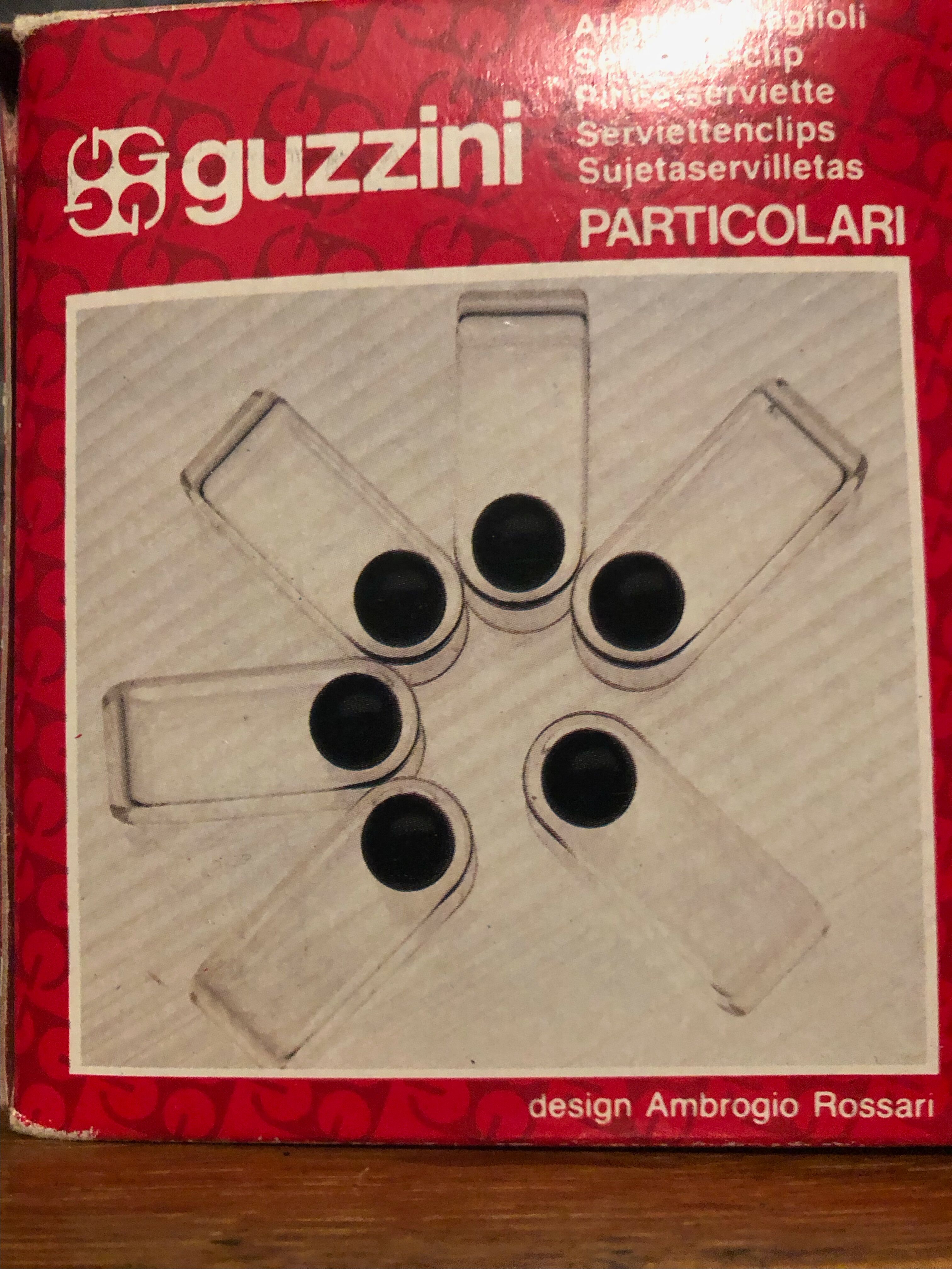 5 Guzzini 80s napkin clips, Ambrogio Rossari design