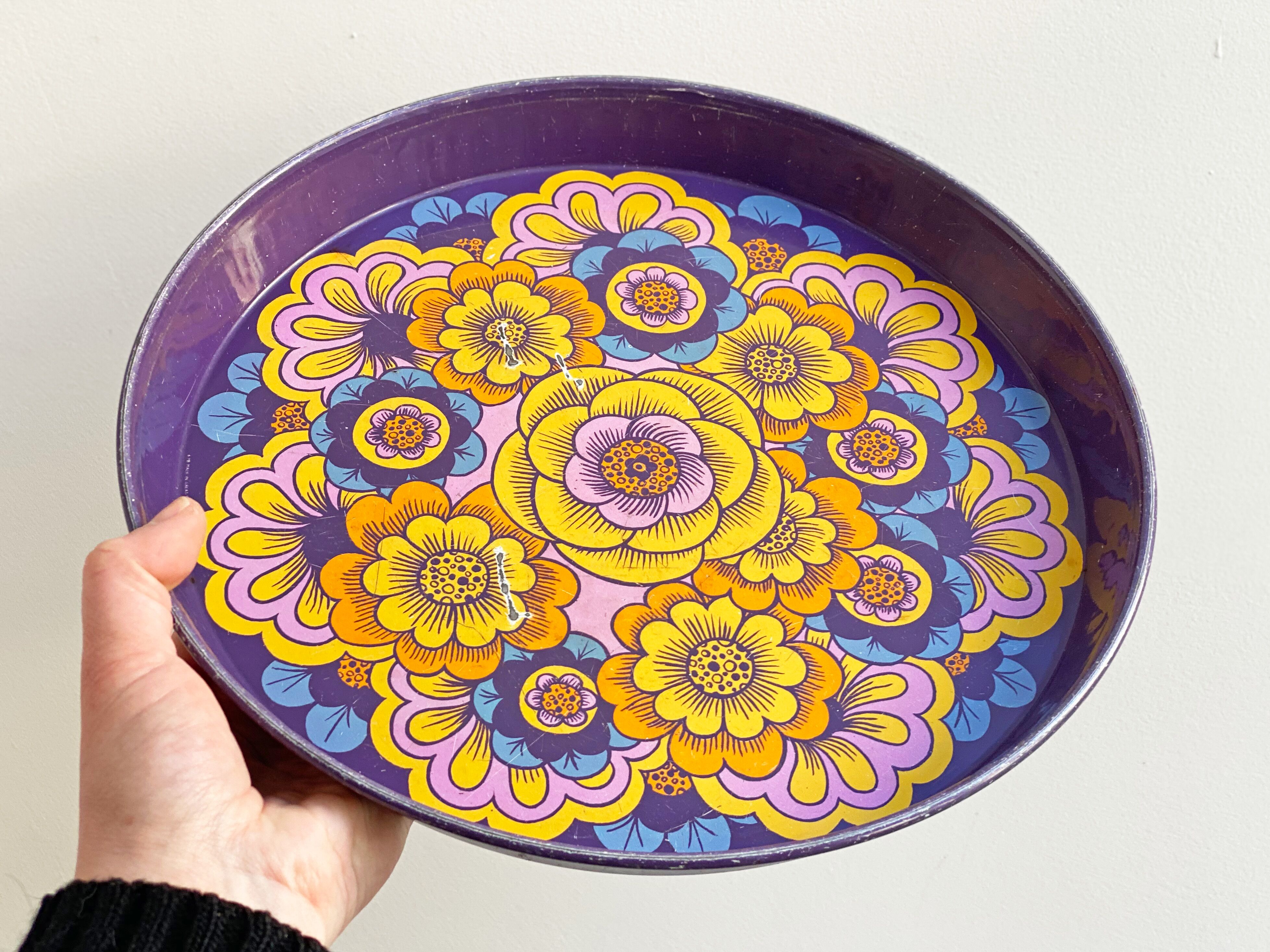 Vintage round tin serving tray, Mandala, Worcester Ware, England