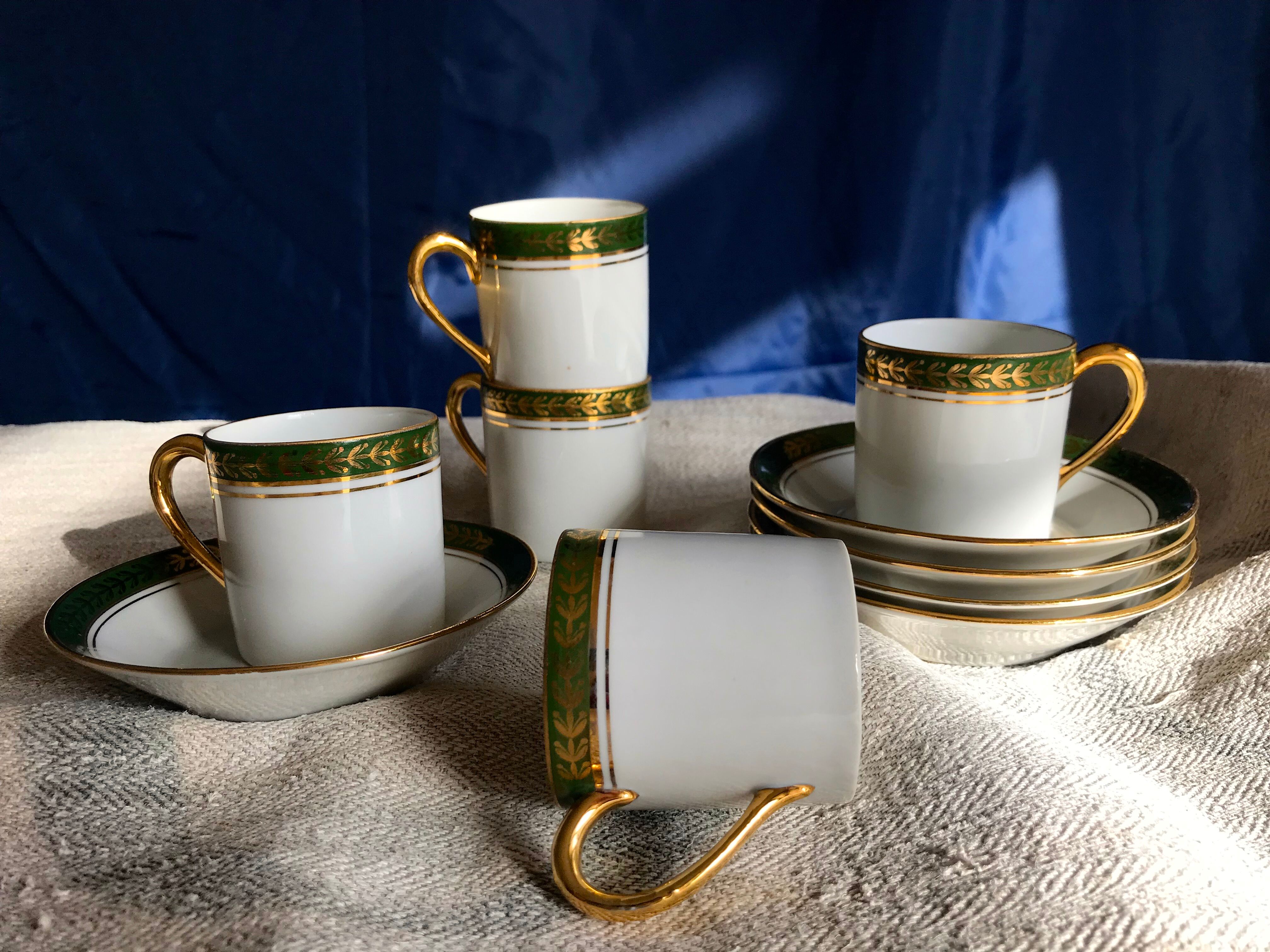 Vintage mocha set 5 coffee cups Napoleon porcelain white frieze green gold by hand