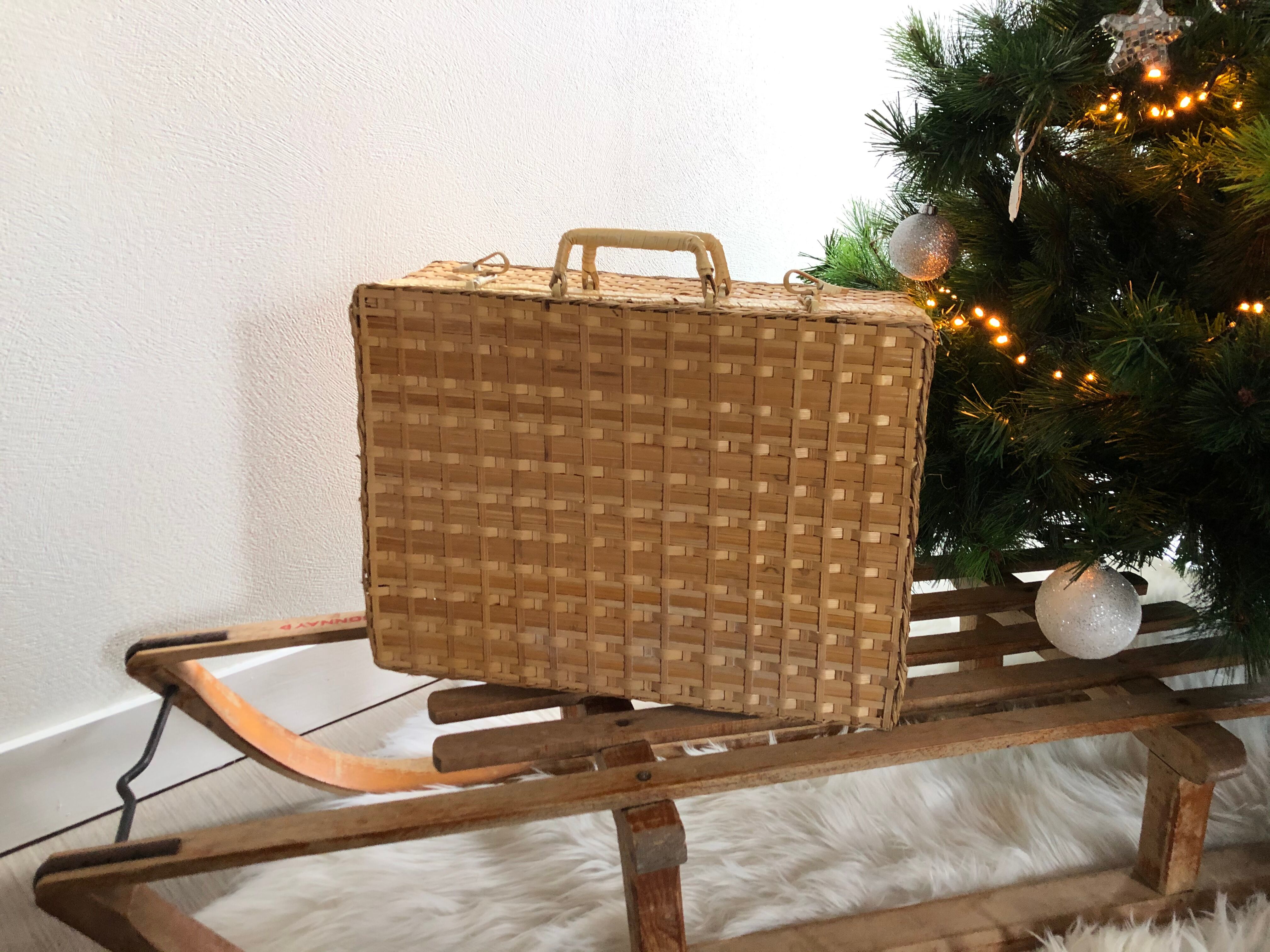 Vintage woven wicker suitcase