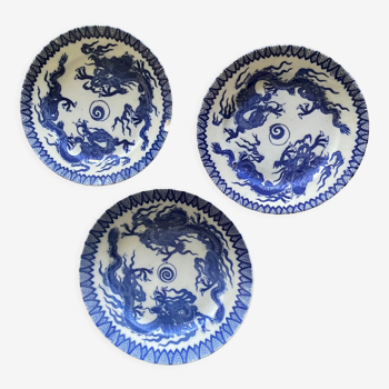 Asian porcelain plates decorated with blue dragons