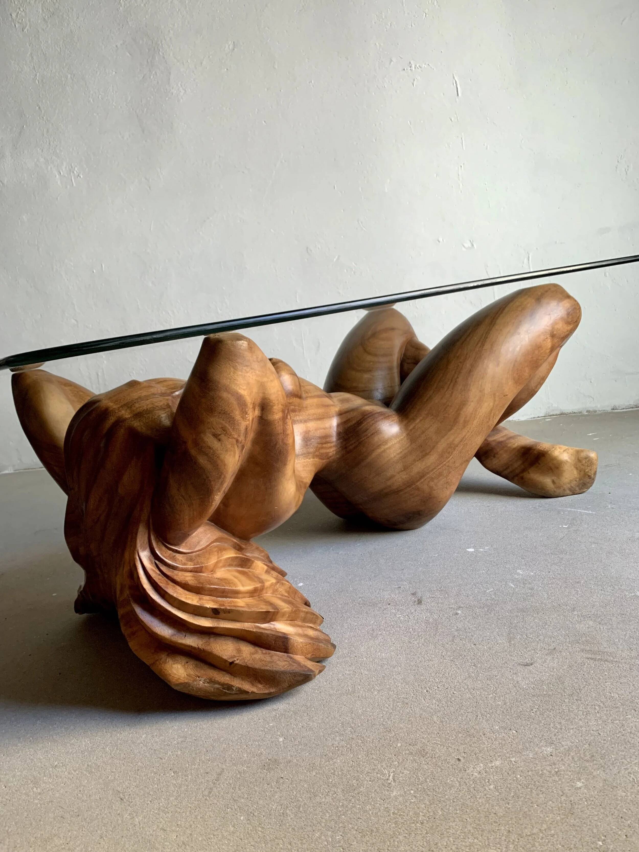 Vintage hand-carved wooden female nude sculpture coffee table