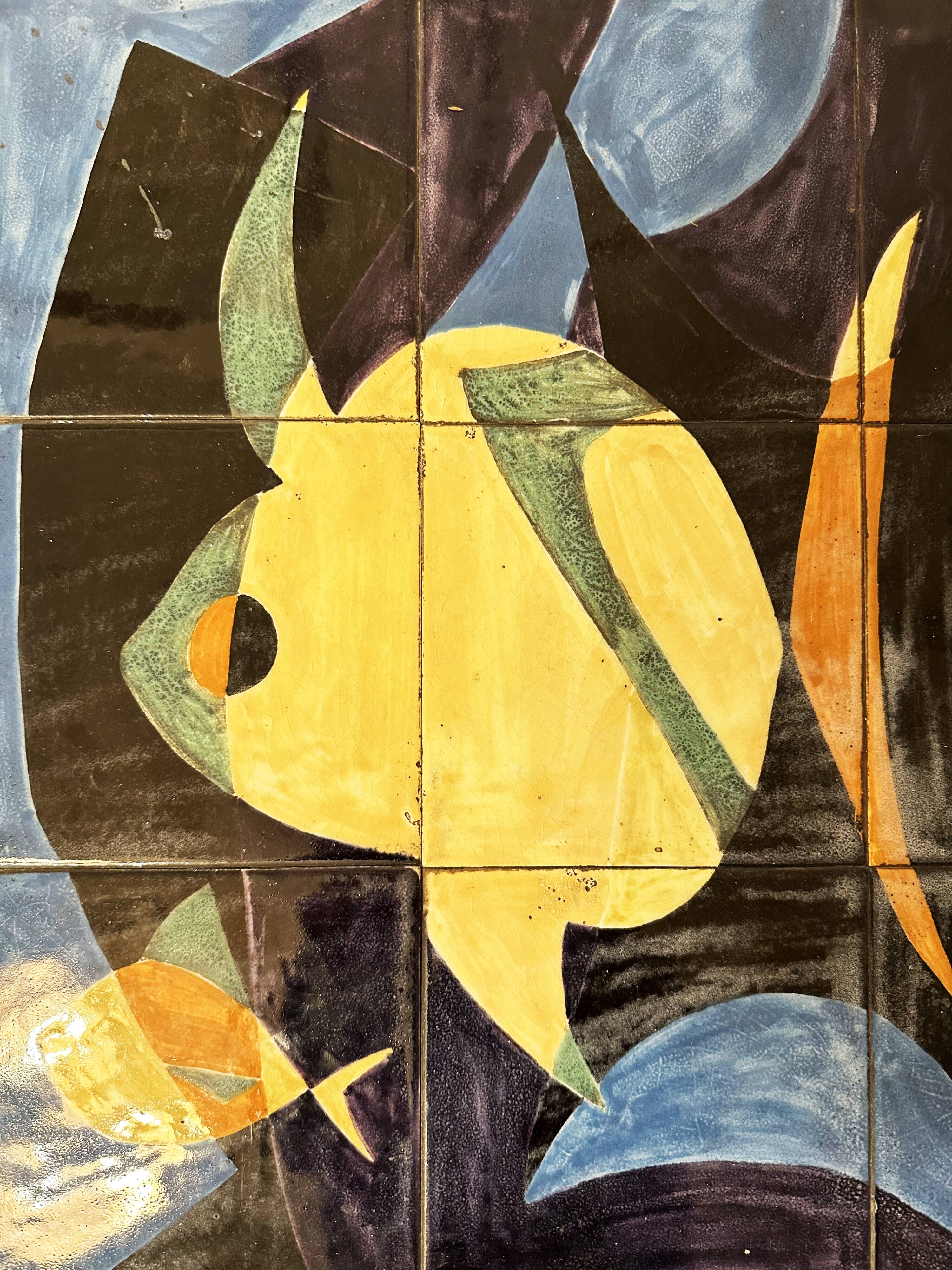 Coffee table with hand-painted ceramic top. France, 1950s