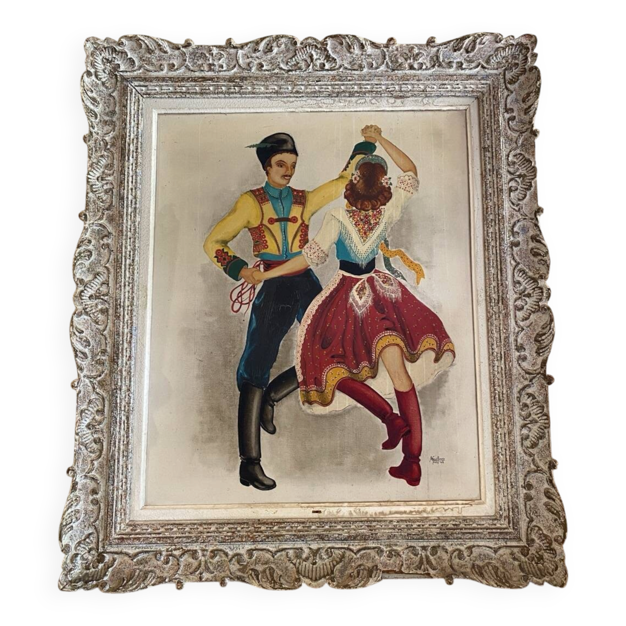 Tableau ancien, danse folklorique, A. Guillaud (1948)