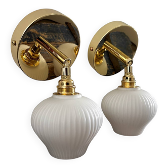 Pair of striated opaline wall lights