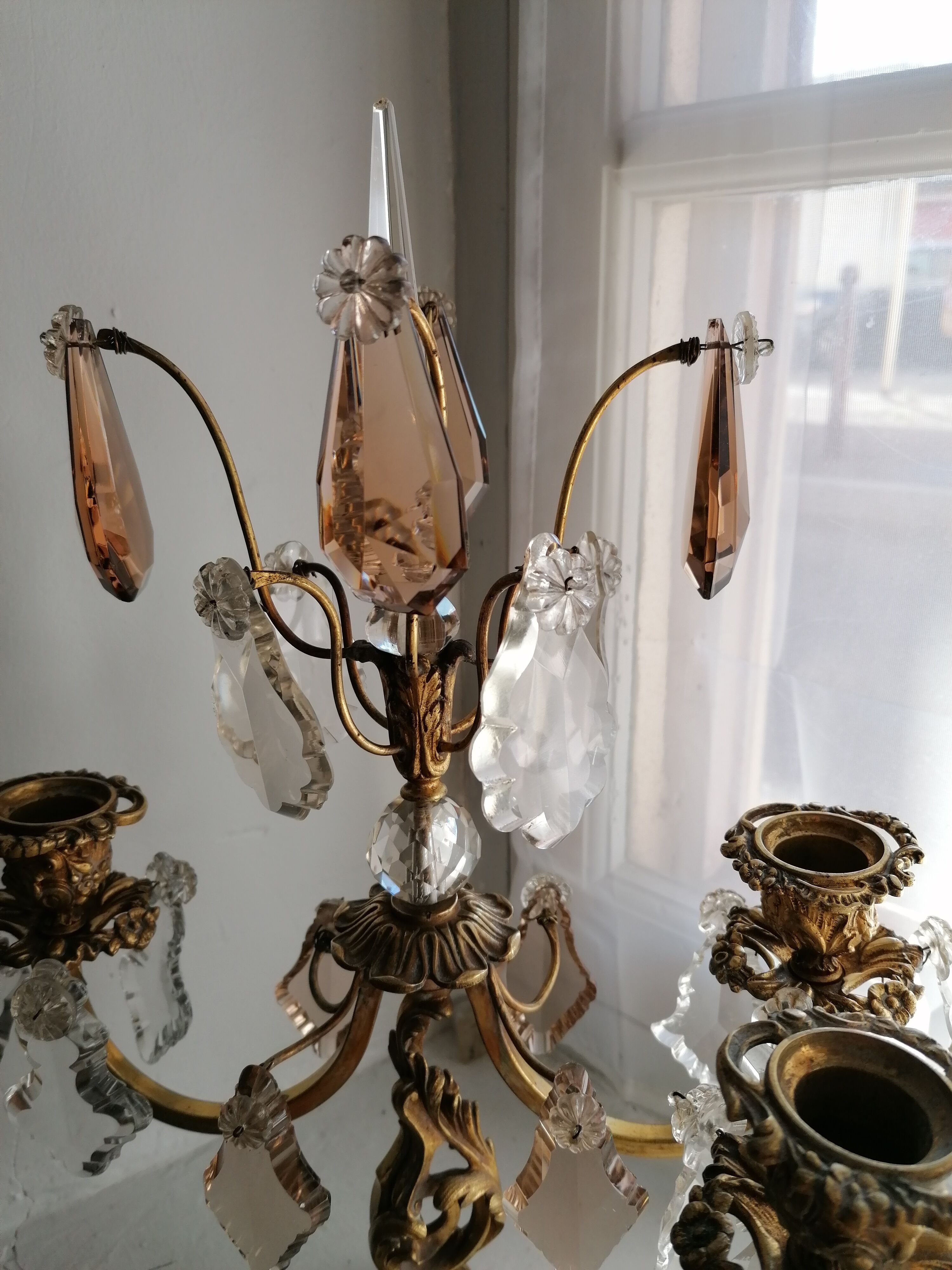Pair of girandoles, candlesticks with crystal tassels