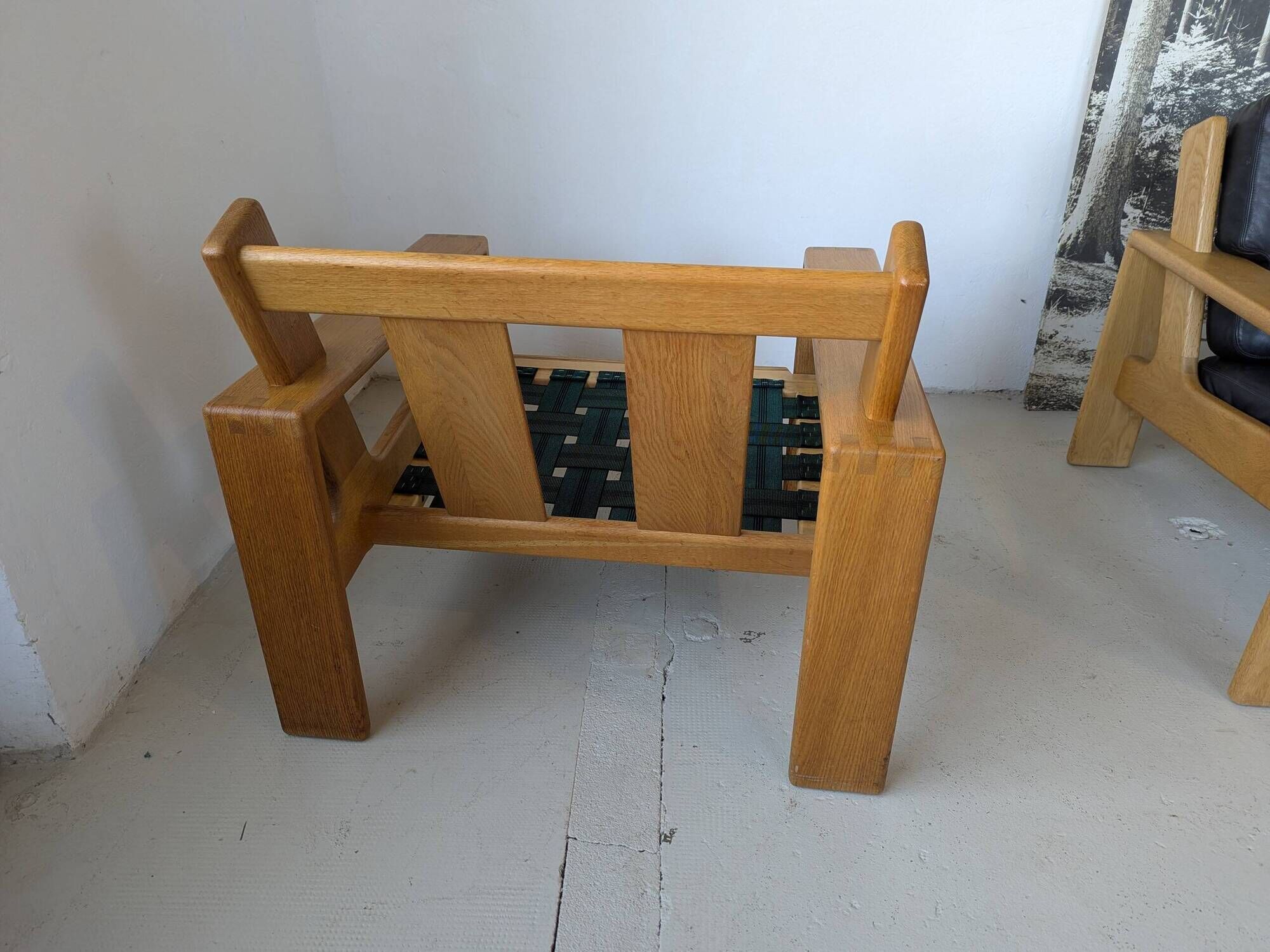 Pair of raw oak and leather armchairs by Esko Pajamies for Asko, Finland.