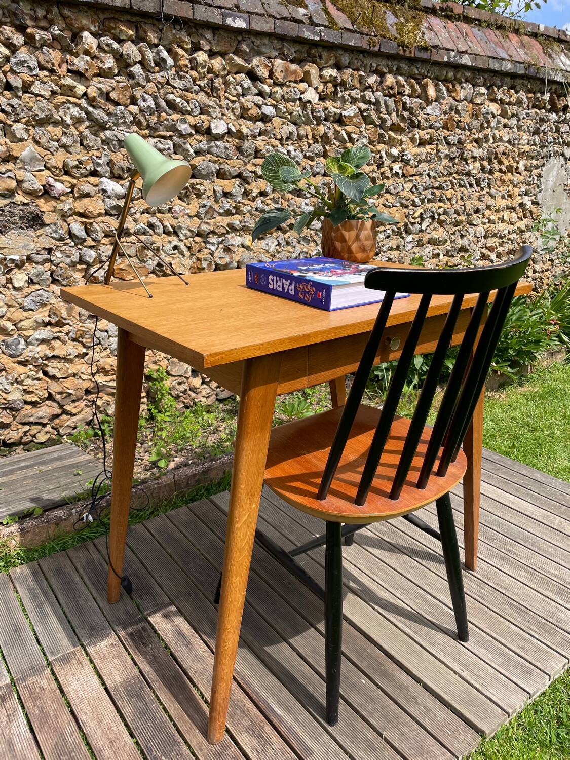 Vintage desk 1950-60 light oak compass legs