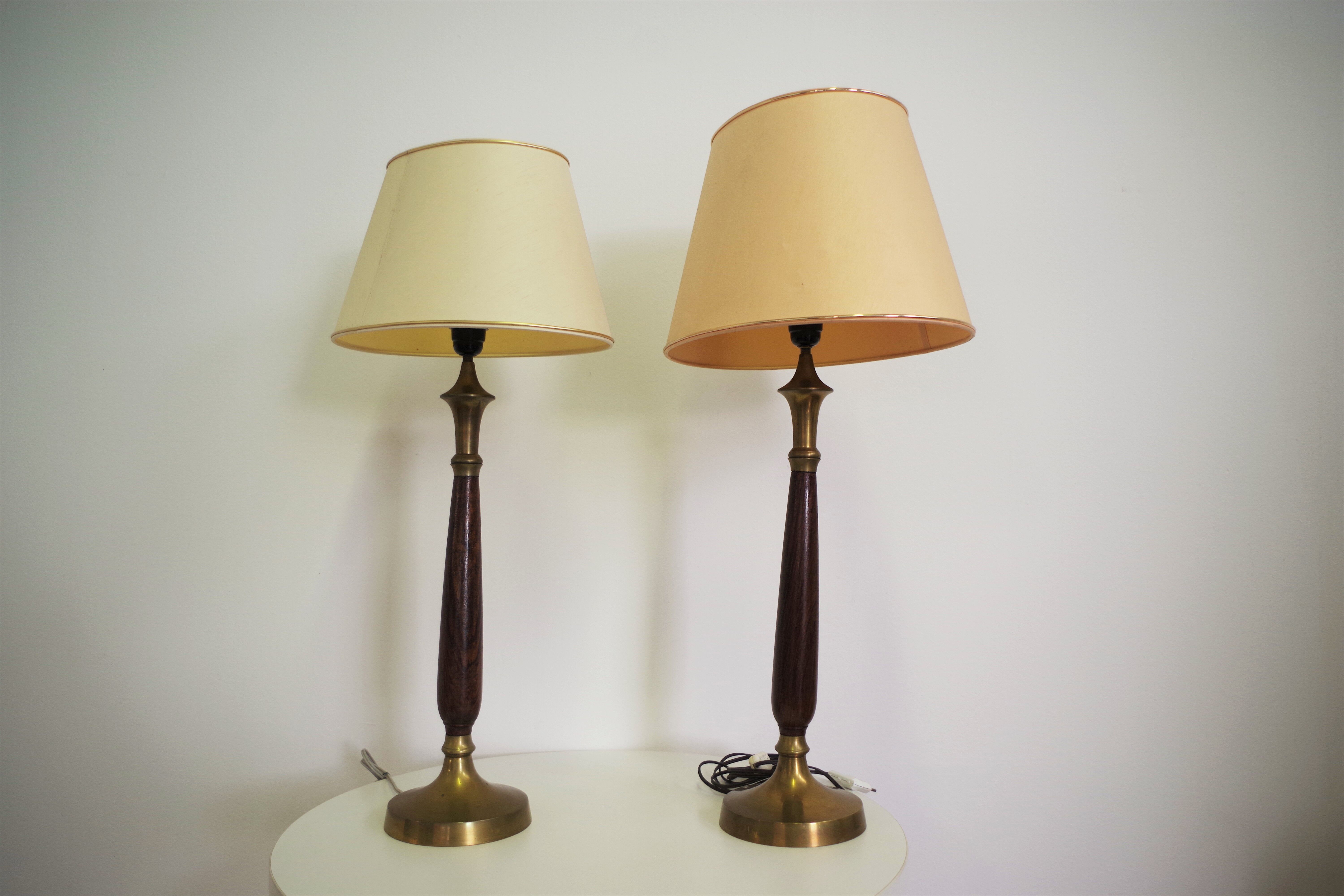 Mahogany Hat Lamps, Brass and Cotton of Abat Day, 1950s, Set of 2