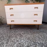1970s chest of drawers in oak, brass and off-white veneer
