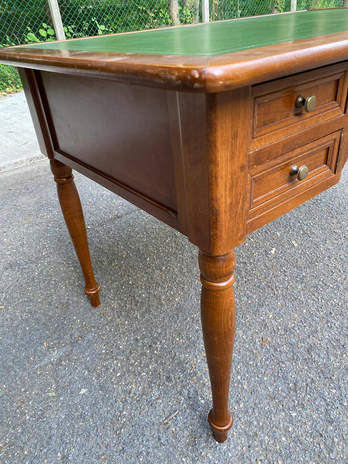 Louis XVI style desk in solid wood and green leather, 1970.