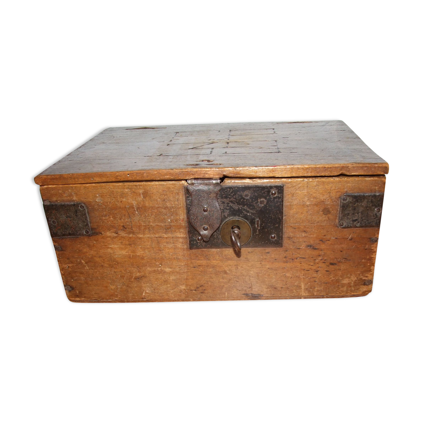 Old box with inscription, fittings, lock and key